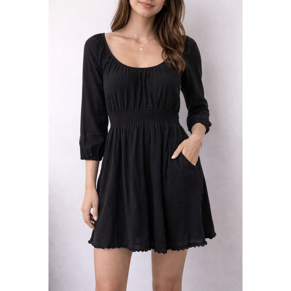 Zara Trafaluc Babydoll Top Womens S Black Smocked Waist 3/4 Sleeve Lettuce Hem